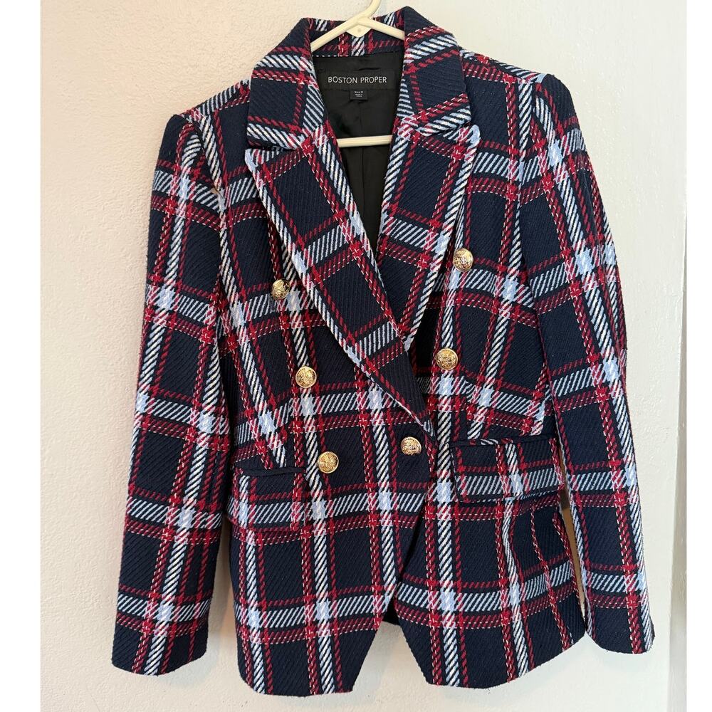 Women's Boston Proper Navy Red Plaid  Gold Buttons Blazer Jacket Size 8